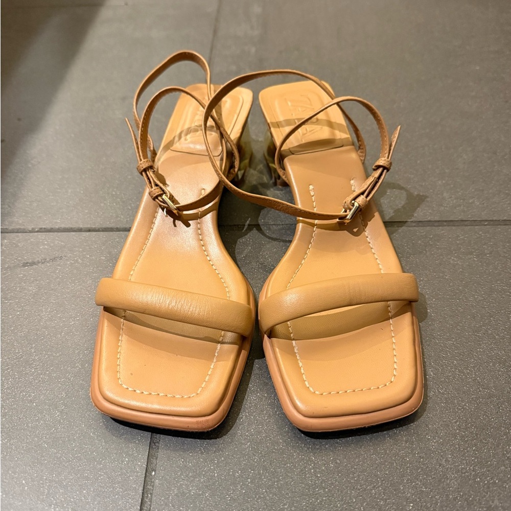 Zara Tan Sandals Minimalist Square-Toe Design